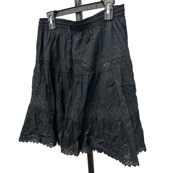 Black Embroidered Bohemian Whimsy Goth Style Skirt Lace Hem - Picture 3 of 6